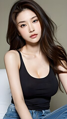 Fototapeta premium Portrait of a beautiful Asian woman in black top and jeans