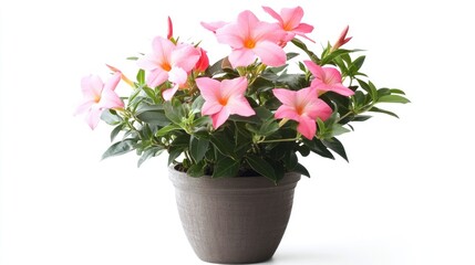 Mandevilla plant in a pot displayed from the front on a white background