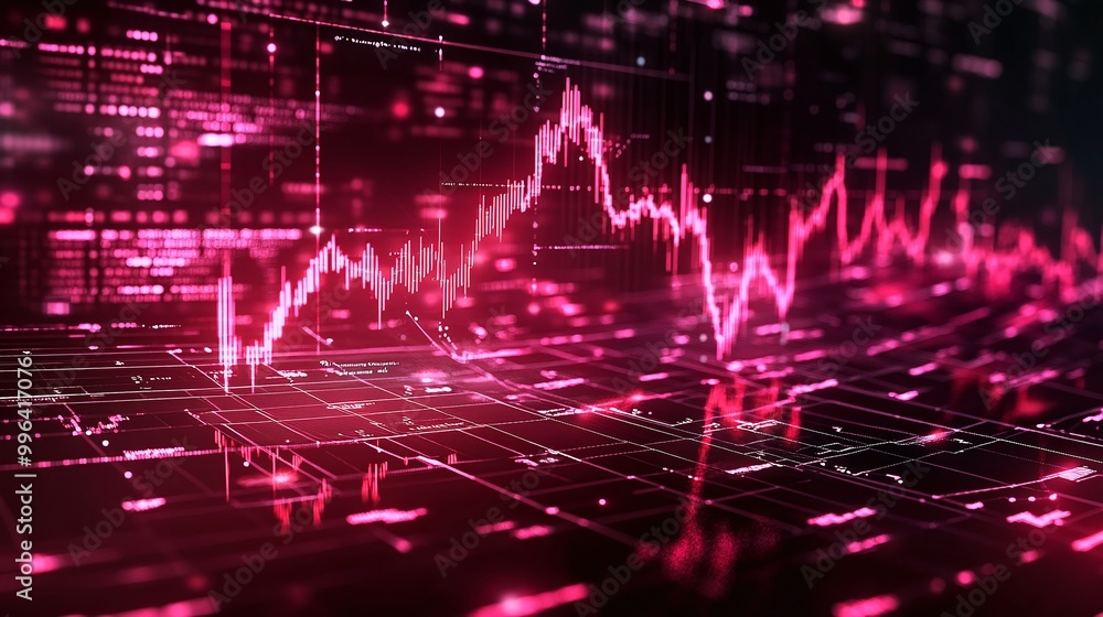 Poster dynamic digital stock market graph with pink and red highlights showcasing trading data and trends.