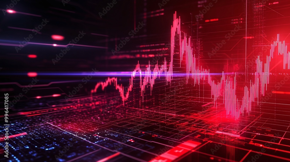 Poster dynamic digital stock market graph with red tones and glowing elements, representing market trends a