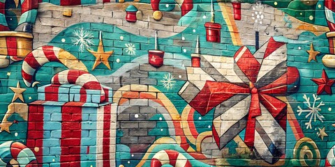 Obraz premium merry christmas, paper, seamless pattern, street art, spray, doodle, graffiti, ornament, characters, santa claus, snowman, snowflake shape