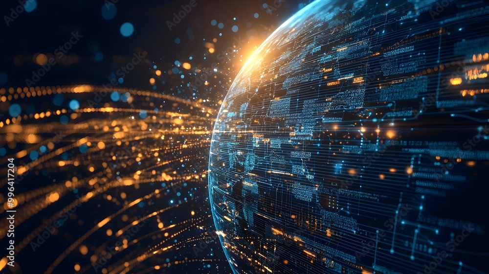 Poster glowing digital globe with interconnected illuminated worldwide network