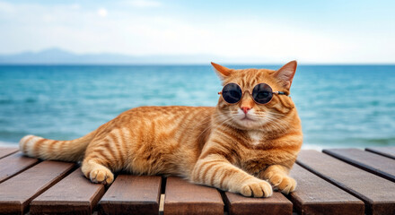 Cool ginger cat in sunglasses relaxing on wooden deck by the ocean.