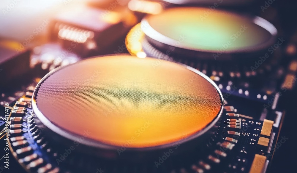Poster wafers with microchips used in electronics to fabricate integrated circuits