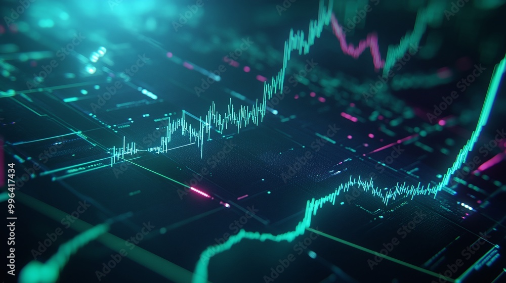 Poster dynamic digital stock market graph with vibrant colors representing data trends and fluctuations.