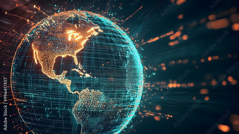 Poster glowing digital globe visualizing global connectivity and technology