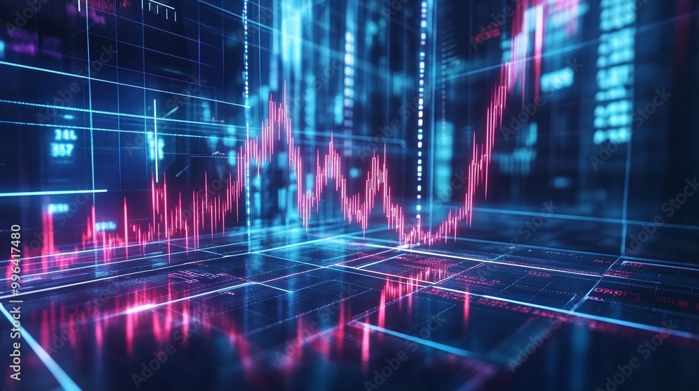 Poster dynamic digital stock market graph with vibrant colors representing financial trends and data visual