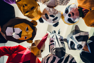 Low angle view photo of panda rooster gorilla lion sloth zebra raccoon mask business people loft...