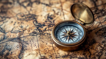 A vintage compass resting on an ancient, weathered map, symbolizing exploration and navigation of the old world.