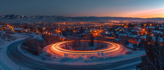 Nighttime Aerial View of a Snowy Town with Light Trails