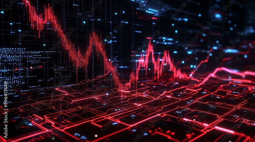 Poster dynamic digital visualization of a graph with red lines on a futuristic grid background.