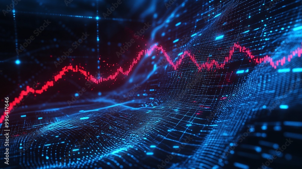 Poster dynamic digital visualization of data trends, featuring vibrant lines and patterns representing grow