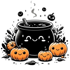  illustration of the cute cauldron with smiling pumpkins.