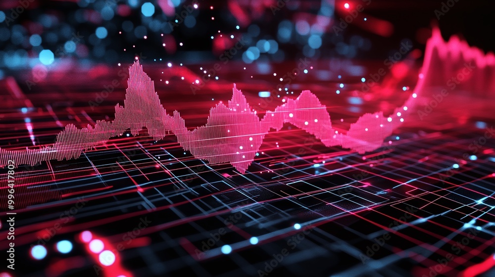 Poster dynamic digital visualization of data trends with vibrant colors, representing growth and analysis i