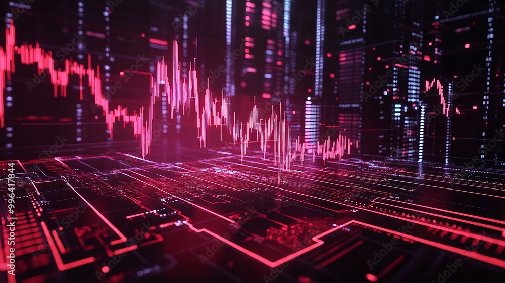 Poster dynamic digital visualization of data trends with vibrant red lines on a futuristic interface.
