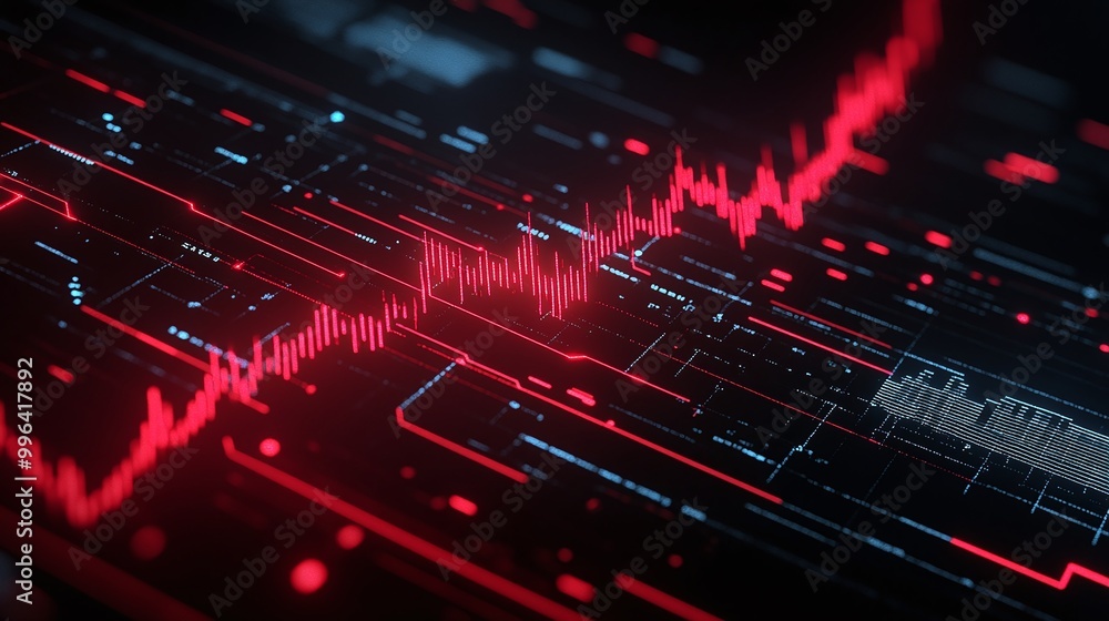 Poster dynamic digital visualization with red graph lines on a dark background, illustrating data flow and 