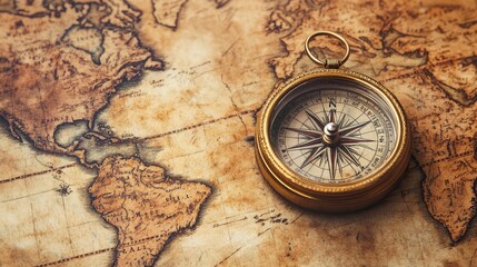 A vintage compass resting on an ancient, weathered map, symbolizing exploration and navigation of the old world.