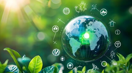Spinning Globe with Floating Sustainability Icons Symbolizing Global Green Efforts