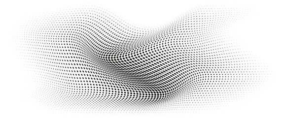 Flowing Wave Dot Halftone Pattern: Curve Gradient Shape on Transparent Background. Suitable for AI, Tech, Network, Digital, Science, and Technology Themes.