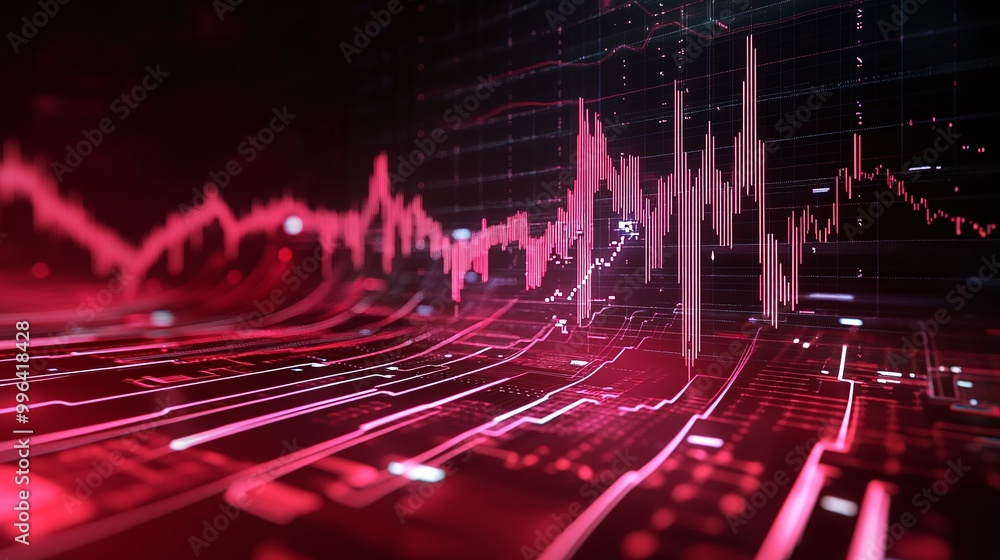 Poster dynamic financial data visualization in red tones with modern graph patterns, suitable for economic 