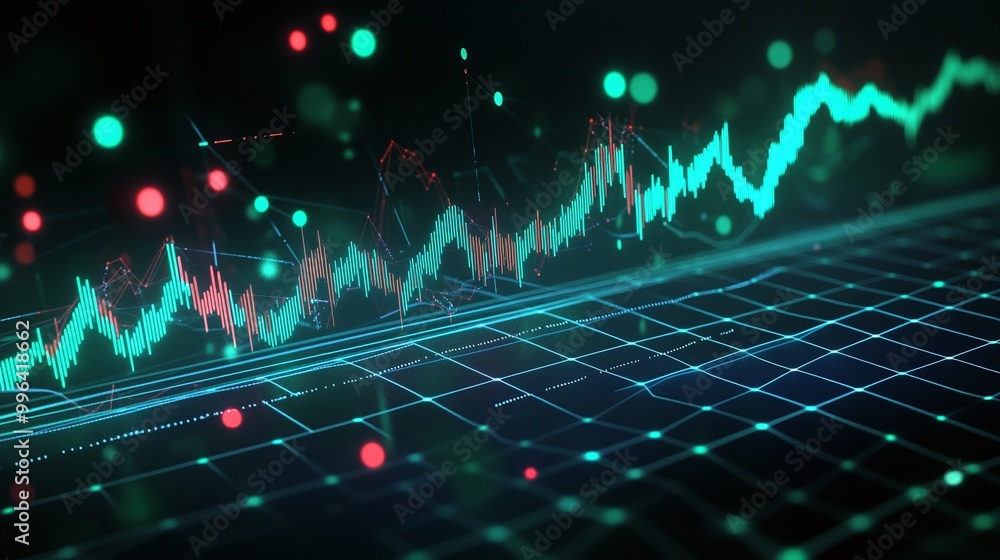 Poster dynamic financial data visualization with colorful graph and grid representing market trends and ana