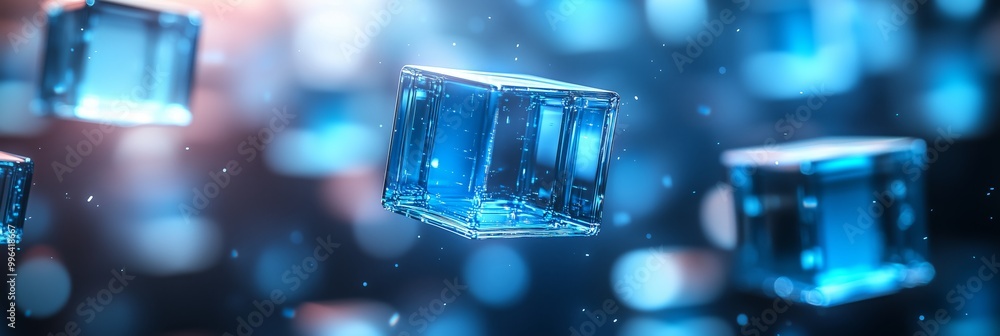 Poster abstract background with blue cubes and glass blocks on a dark gradient