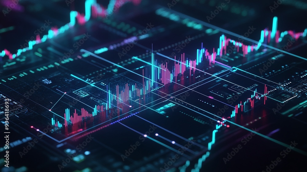 Poster dynamic financial data visualization with colorful graphs and charts, showcasing digital analysis an