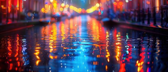Obraz premium Vibrant City Lights Reflecting on Calm Water Surface