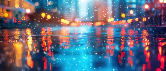 Obraz premium Urban Night with Reflections and Snowflakes