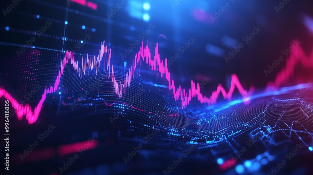 Poster dynamic financial data visualization with colorful graph lines on a digital interface design.