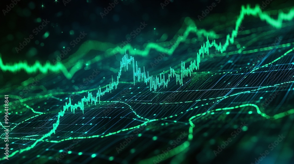 Poster dynamic financial data visualization with glowing green graphs and charts on a dark background.