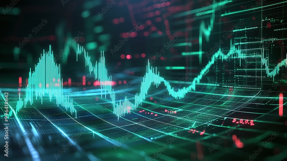 Poster dynamic financial data visualization with glowing graphs and charts, representing market trends and 