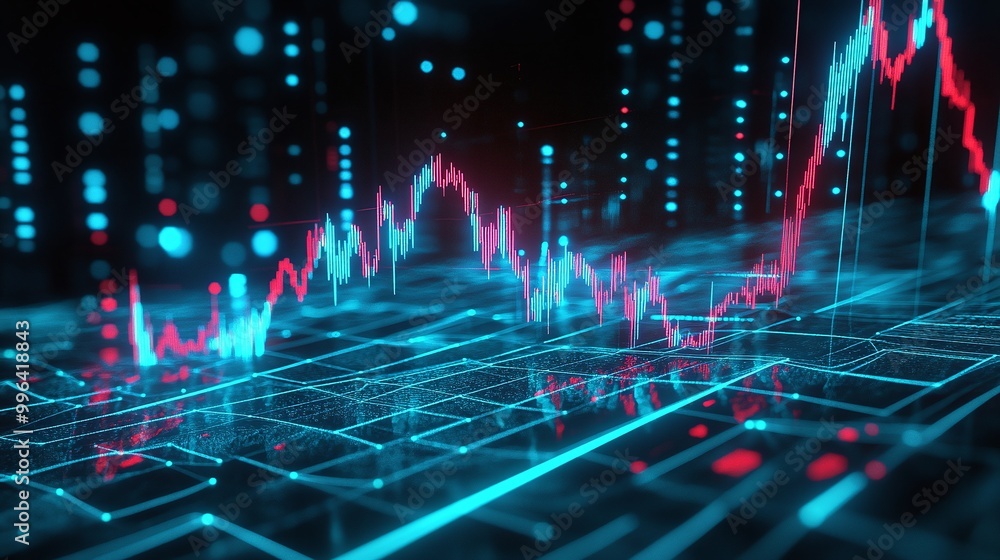 Poster dynamic financial data visualization with colorful graphs and digital elements on a dark background.