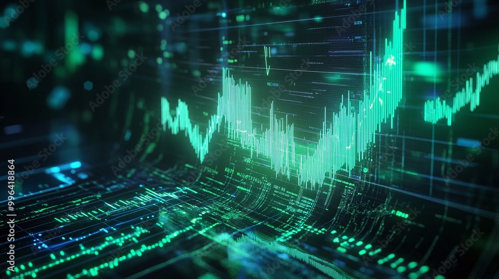 Poster dynamic financial data visualization with green and blue digital graphs on a dark background.