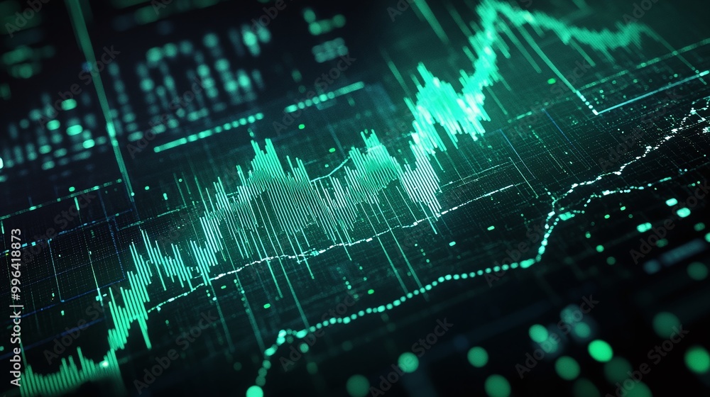 Poster dynamic financial data visualization with green graphs and charts on a digital interface.