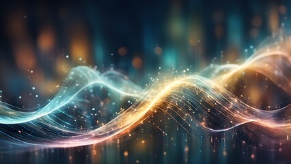 Obraz premium Abstract glowing waves and particles in a dark blue background with bokeh lights.