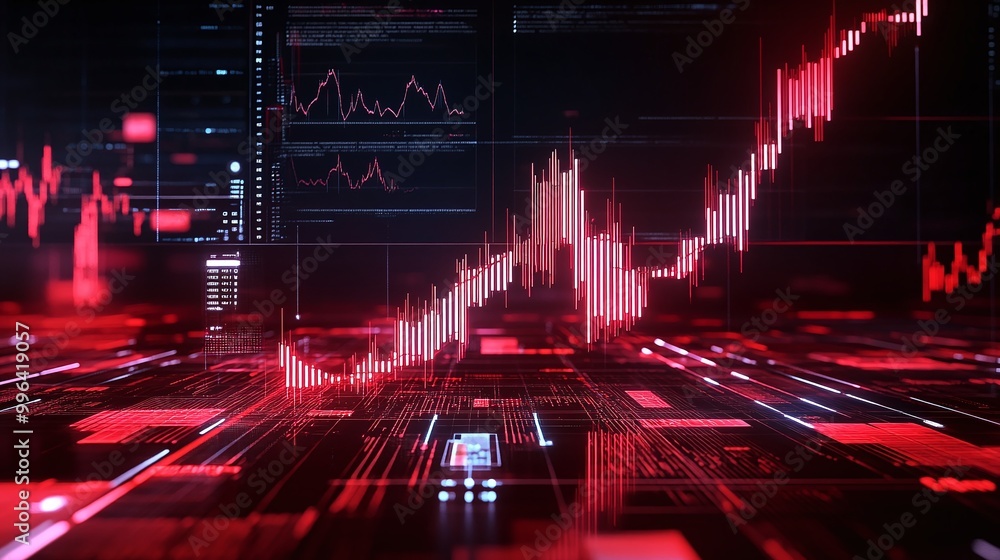 Poster dynamic financial data visualization with red trends and graphs on a dark interface.
