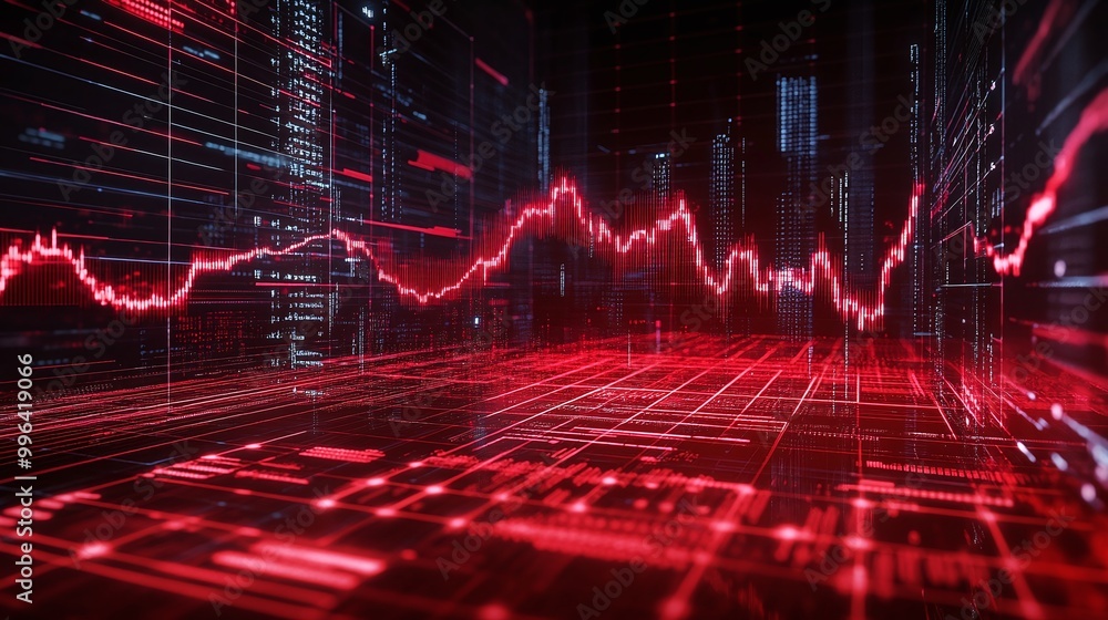 Poster dynamic financial data visualization with red graph trends and digital elements on a dark background