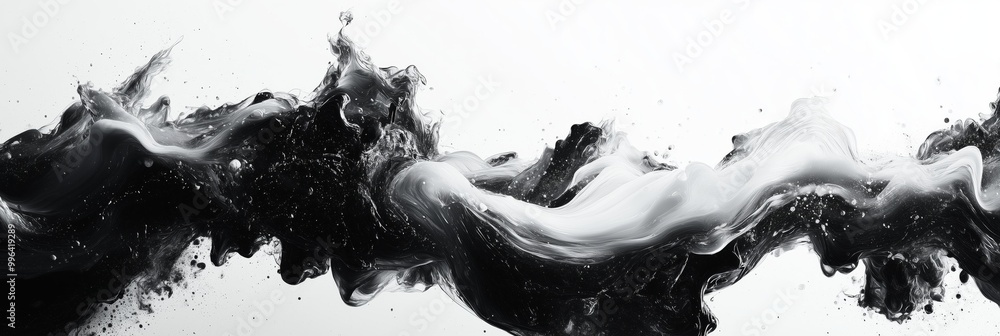 Poster abstract black and white painting with fluid shapes, blending the colors of ink and liquid paint to 