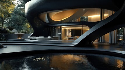 Modern Architecture, Futuristic Home with Pond