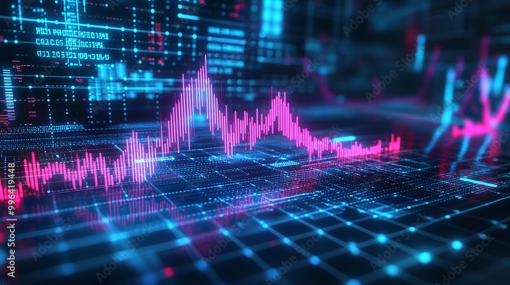 Poster dynamic financial data visualization with vibrant pink and blue graphs on a digital interface.