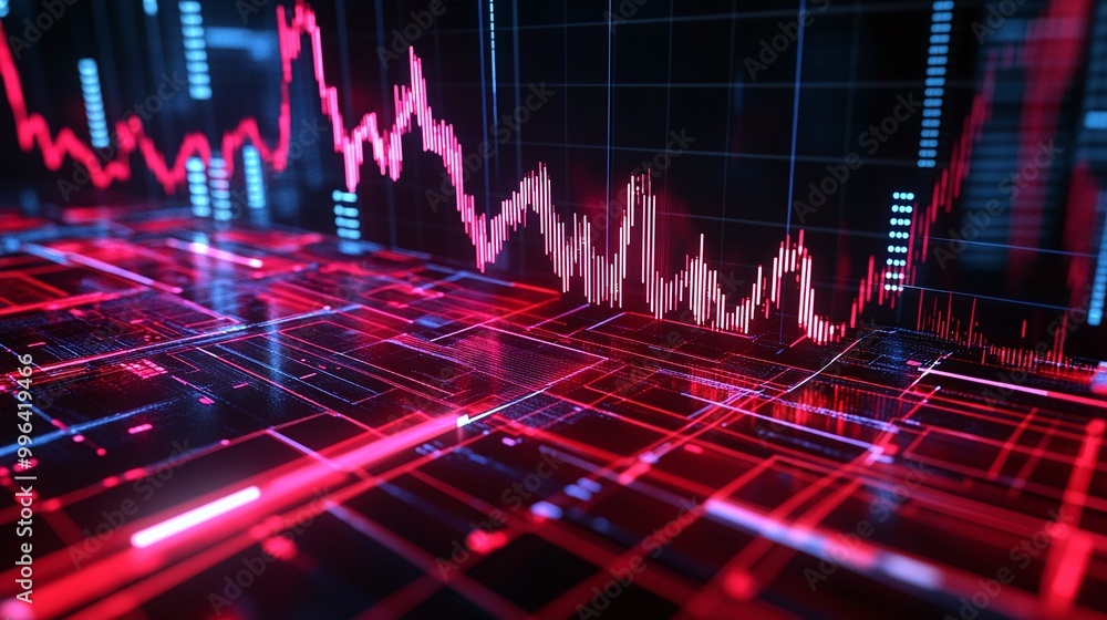 Poster dynamic financial data visualization with vivid red and blue colors displaying stock market trends.