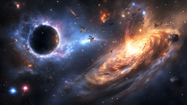 Massive black hole at the center of a swirling galaxy, stars and cosmic debris being pulled into its gravitational abyss, symbolizing destruction and the end of worlds.