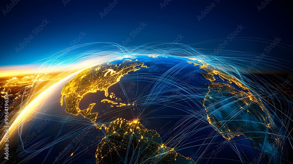 Poster spinning globe with glowing flight paths representing global interconnectivity and transportation