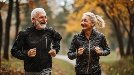 Fototapeta premium Active and Joyful Elderly Couple Jogging Through Picturesque Park