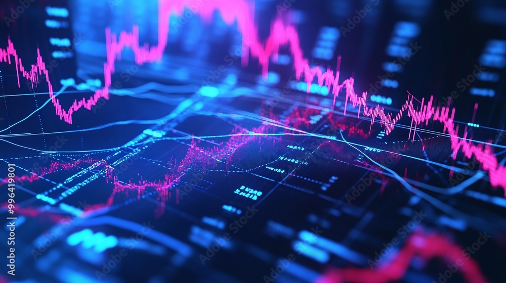 Poster dynamic financial graph with pink and blue lines, representing data analytics and market trends on a