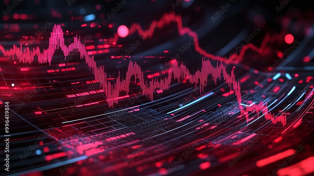 Poster dynamic financial graph with red and black lines representing stock market trends and data fluctuati