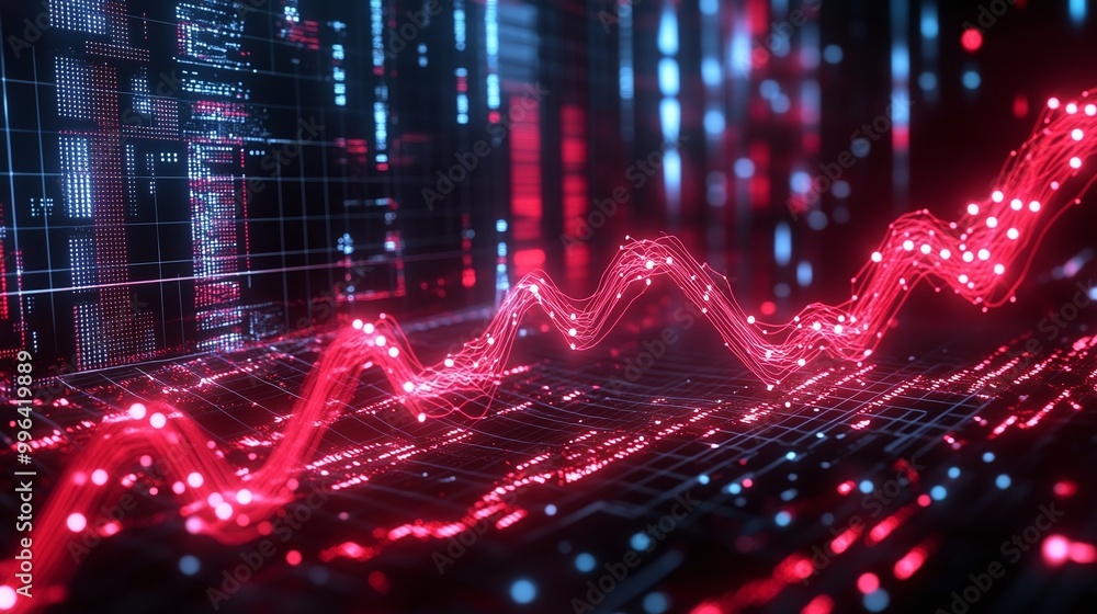 Poster dynamic financial graph with red and blue light trails representing stock market trends on a digital