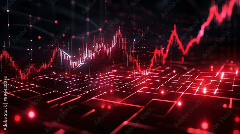 Poster dynamic financial graph with red indicators illustrating market trends and data analysis on a digita