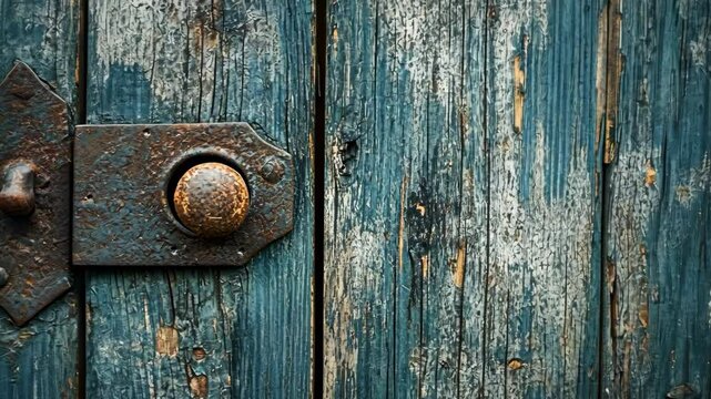 A close-up of a rusty hinge on an old wooden door